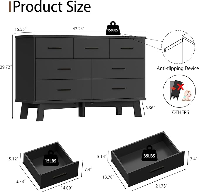Dresser for Bedroom with 7 Drawer, Wood Modern Chest of Drawers with X-Shaped Sturdy Base, Wide Double Dresser Closet Clothes Storage Organizer, Wooden TV Stand for Living Room, Hallway, Black