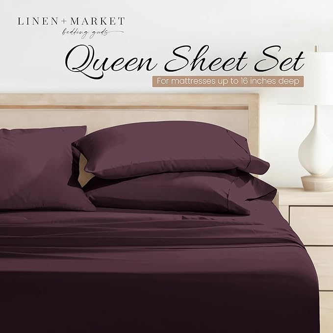 Linen Market Brushed Microfiber Queen Sheet Set 4 Piece – Oeko-TEX Certified Ultra Soft & Wrinkle-Free - 16" Deep Pocket Sheets - Easy Care Queen Size - Purple