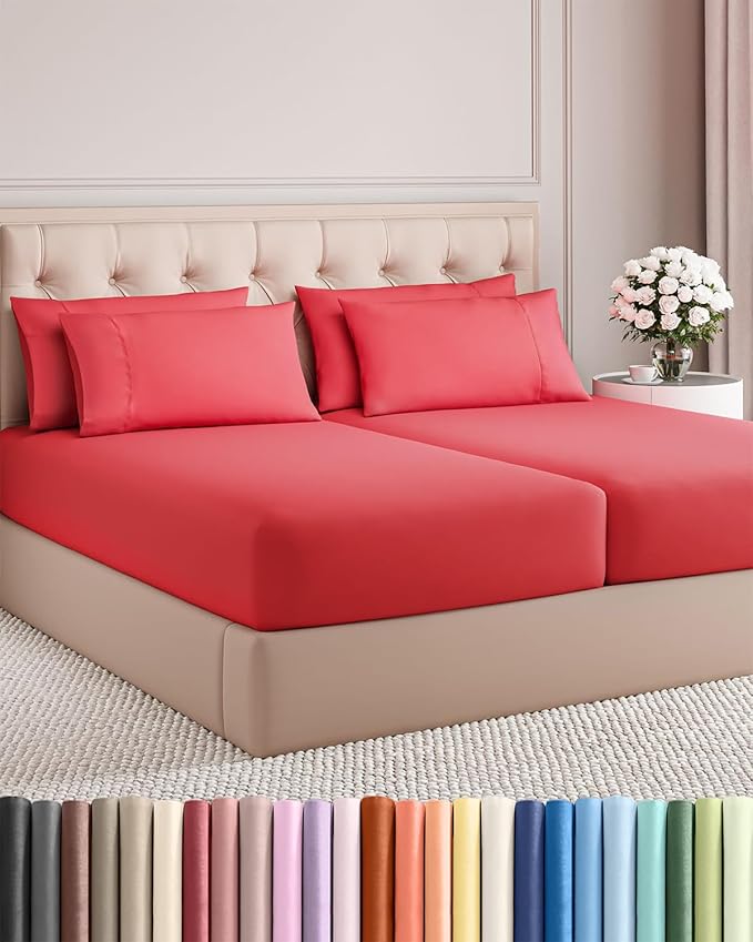 Split King 7 Piece Sheet Set - Cooling & Breathable - Hotel Luxury Bedding - Includes Fitted Sheets for Women, Men, Kids and Teens - 1 Flat, 2 Fitted Sheets, 4 Pillowcases with Deep Pockets - Red
