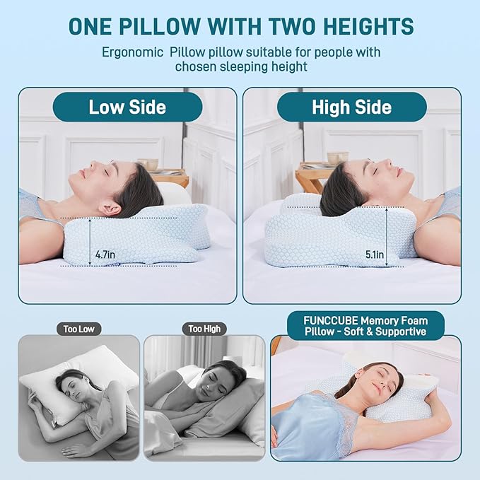 Cervical Neck Pillow for Sleeping, Butterfly Memory Foam Pillow for Neck Pain Relief, Cooling BASF Foam for Side Back & Stomach Sleepers, CertiPUR-US & Oeko-TEX Certified, Standard Size