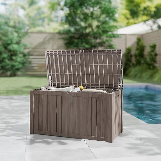 180 Gallon Outdoor Storage Box Waterproof, Resin Deck Boxes with Lockable Lid & UV-Resistant for Patio, Pool, Garden Furniture Cushions & Accessories, Coffee