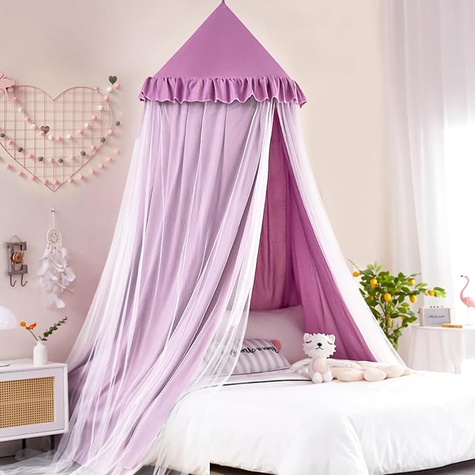 Kertnic 31.5inch Large Dome Bed Canopy for Girls, Double Layer Dreamy Ruffle Princess Canopy, Bedroom Hanging Tent Kids Reading Nook Canopies,Full Queen Bed Canopy Curtain (Dark Magenta-Purple)
