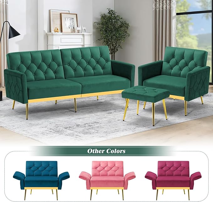 Velvet Accent Chair w/Adjustable Armrests and Backrests, Tufted Single Armchair w/Ottoman, Upholstered Reading Chiar for Living Room, Apartment, Bedroom, Green