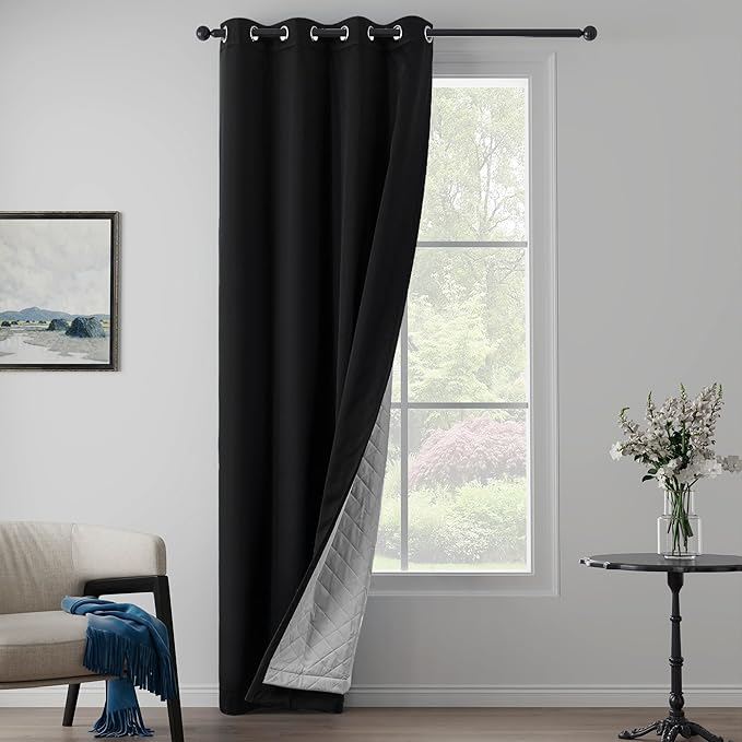 Black Heavy Soundproof Curtains for Window 3-in-1 Full Blackout Drapes Noise Canceling Heat Insulating Winter Curtains for Bedroom Living Room (1 Panel, Black, 50" x 84")