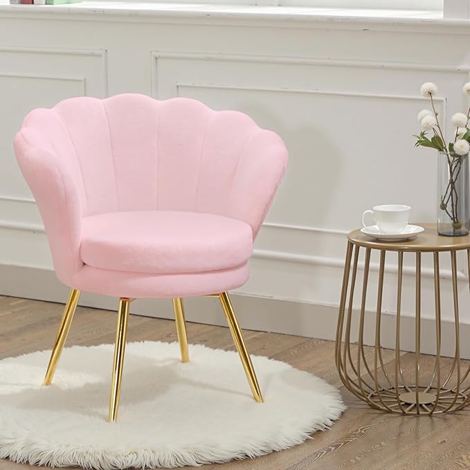 Fluffy Faux Fur Vanity Chair with Back, Mid-Century Modern Small Accent Chair for Living Room, Golden Metal Legs Upholstered Makeup Chair, 1Pcs Bedroom Armchair, Pink