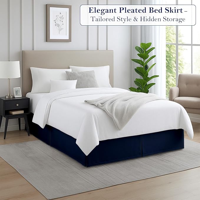King Bed Skirt, Luxury 18 Inch Drop Navy Blue Pleated Bed Skirt, Double Brushed Microfiber, Box Pleat Design, Wrinkle & Fade Resistant, Easy Fit Tailored Bedskirt for King Size Beds