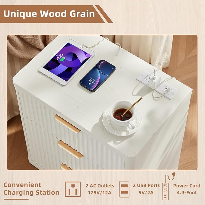 LEYAOYAO Fluted Dresser and 3 Drawers Nightstand Set of 2, Wood 48" Wide Dresser & 23" Night Stand with Charging Station, 3 Piece Bedroom Furniture Set, Chest of Drawers for Living Room,Antique White