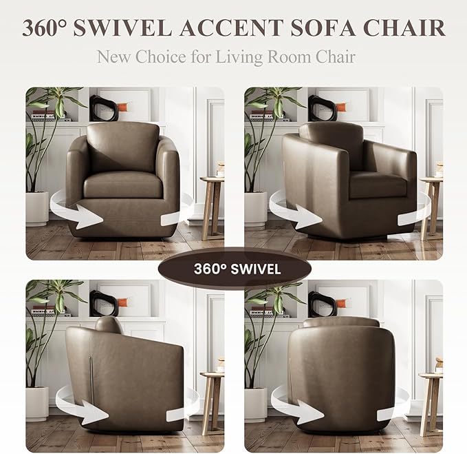 360° Comfy Swivel Accent Armchair with Pillow - Fully Assembled Living Room Single Sofa No-Sag Foam & Sturdy Metal Base, Swivel Accent Chair for Bedroom Living Room, Office, Grey
