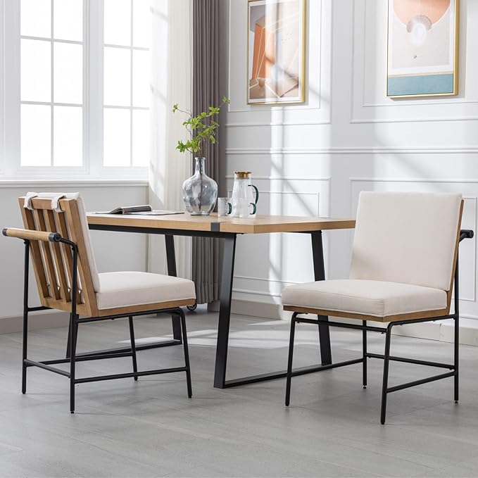 Modern Dining Chairs Set of 4, Comfy Linen Fabric Armless Side Chairs with Backrest Wooden Upholstered Seat Black Metal Legs for Dining Room Living Room, White