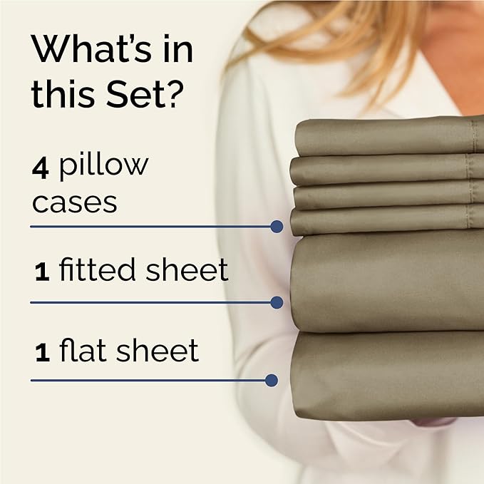 Full 6 Piece Sheet Set - Cooling, Comfy & Breathable - Hotel Luxury Bedding, Includes Fitted Sheet for Women, Men, Kids and Teens - 1 Flat, 1 Fitted Sheet, 4 Pillowcases with Deep Pockets - Khaki