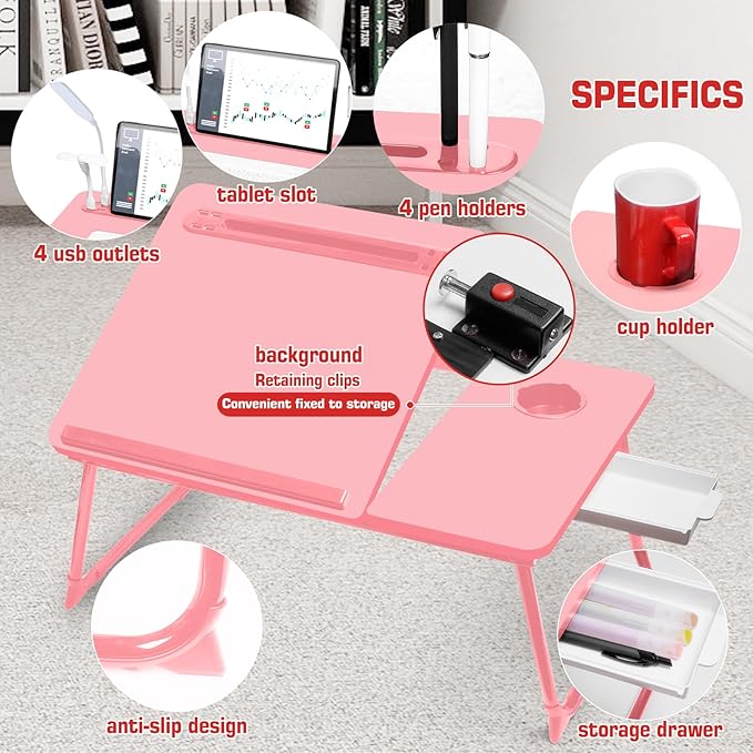 CloudTrip Plus XL Adjustable 17in Laptop Desk with Light, USB Port, iPad Holder, Drawer Storage - Larger 23.6IN Adjustable Lap Desk for Bed, Home Office, Breakfast Tray, Fordable Legs Desk (Pink)