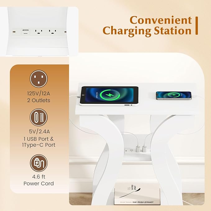 Giantex Narrow End Tables with Charging Station Set of 2, Wood Sofa Side Tables with Open Storage Shelves, Bedside Tables with USB Ports & Outlets, Modern Nightstands for Living Room, Bedroom, White