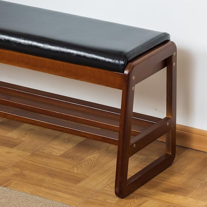 Solid Wood Shoe Bench, 2-Tier Entryway Bench with Cushion and Flip-Open Storage Box, Mid-Century Modern Shoe Bench Rack for Hallway, Mudroom(Black, 31.5'')