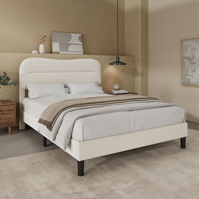 Full Size Bed Frame with Headboard, Teddy Soft Boucle Fabric Bed Frame Full, Soft Cloud Marshmallow Shape Upholstered Headboard, No Box Spring Needed, Noise Free (White)
