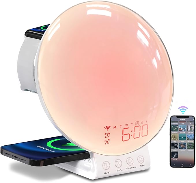 MOMILLA Sunrise Alarm Clock, 3 in 1 Wireless Charging Station, Smart App Control White Noise Sound Machine, Wake up Light, Sunset Night Light Alarm Clocks for Heavy Sleepers Kids