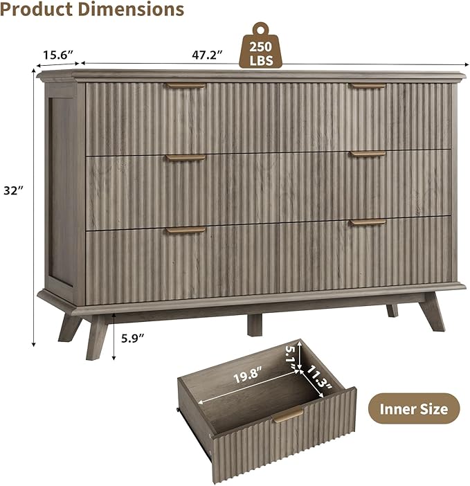 QUW Modern Fluted Dresser for Bedroom with 6 Drawers,47.2" Wood Closet Organizers and Storage,Wide 6 Drawer Dresser with Metal Handle,Hallway,Living Room(Grey)