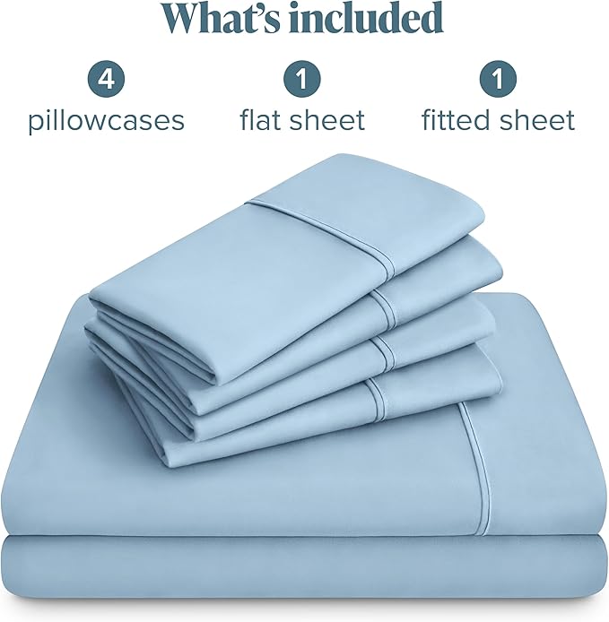 Bare Home Hotel Luxury Queen Sheet Set, Extra Soft - 6 Piece Set - Deep Pockets - Easy Fit - Cooling & Breathable - Wrinkle, Fade, Stain Resistant - Includes 4 Pillowcases (Queen, Light Blue)