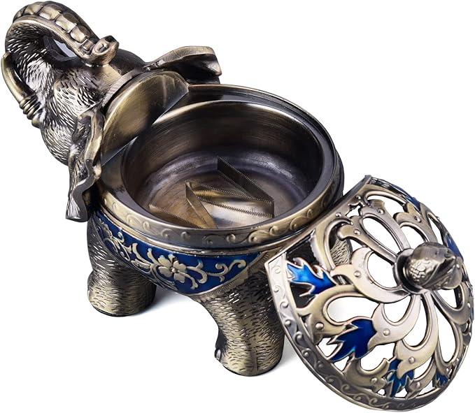 K COOL Metal Backflow Incense Holder Elephant Cone Incense Burner Candle Holder with Lid, Aromatherapy Ornament Home Office Decoration for Indoor Outdoor (Navy Blue)