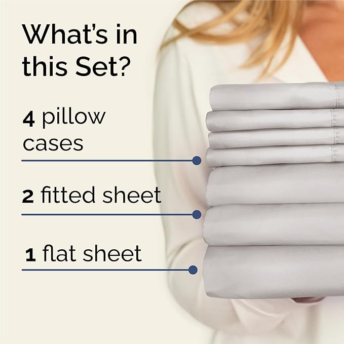 Split King 7 Piece Sheet Set - Cooling & Breathable - Hotel Luxury Bedding, Includes Fitted Sheets for Women, Men, Kids & Teens - 1 Flat, 2 Fitted Sheets, 4 Pillowcases w/Deep Pockets - French Grey