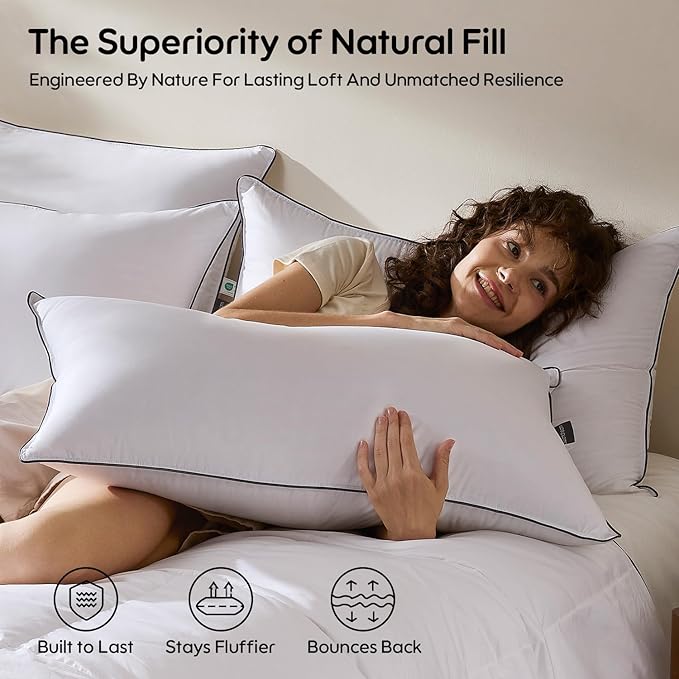 Goose Feather Down Fiber King Pillows 2 Pack, Luxury 3-Chamber Pillows with Soft & Down-Proof Cover, Fluffy Plush Hotel Collection Bed Pillows for Side, Back & Stomach Sleepers, 20"x36"