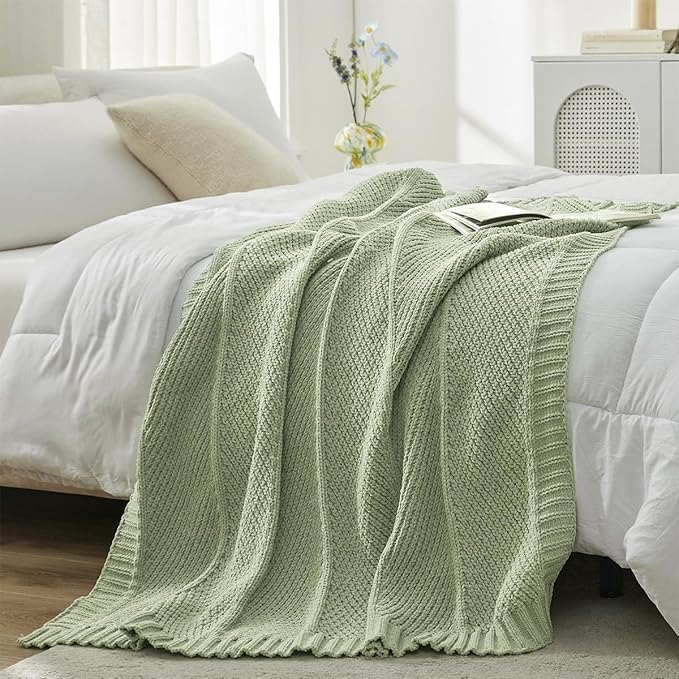 Amélie Home Chevron Chenille Knit Throw Blanket for Couch, Cozy Texture Decorative Soft Blanket for Sofa & Chair, 50"x60", Sage Green