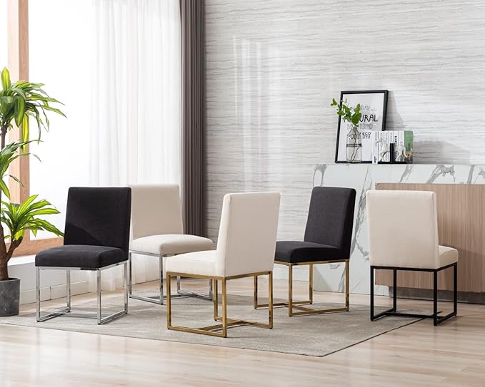 CIMOTA Modern Dining Chairs Set of 2, Upholstered Dining Room Chairs Armless Guest Side Chair with Chrome Base for Dining Room/Kitchen, Beige, 2PCS