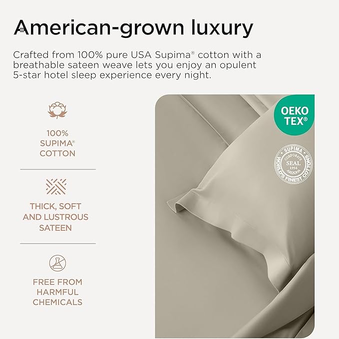 Threadmill Supima Cotton Queen Sheet Set, 1200 Thread Count Queen Sheets for Queen Mattresses, 4 Piece American Luxury Bed Sheets, Sateen Hotel Quality Sheets with Elasticized Deep Pocket, Taupe