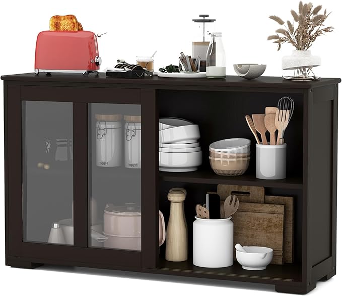 Costzon 2-Pack Wooden Kitchen Storage Cabinet with Adjustable Shelf, Sliding Glass Doors, Accent Coffee Bar Cabinet Console Table for Living Room, Dining Room, Hallway