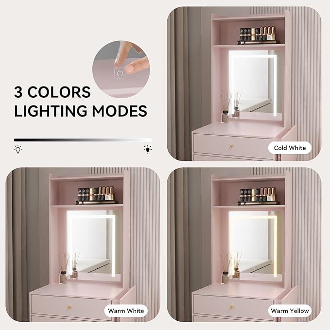 ARTETHYS Small Vanity Desk Set with 3 Adjustable Lighted Mirrors and Lights, Pink Makeup Vanities Set for Compact Space with Storage Stool White Dressing Table with Fold-up Panel for Bedroom