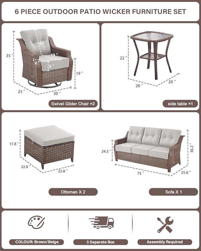 Belord High Back Outdoor Patio Furniture Set - Wicker Outdoor Swivel Rocker Patio Chairs with Sofa and Ottoman, All-Weather Patio Conversation Set for for Patio Deck Backyard