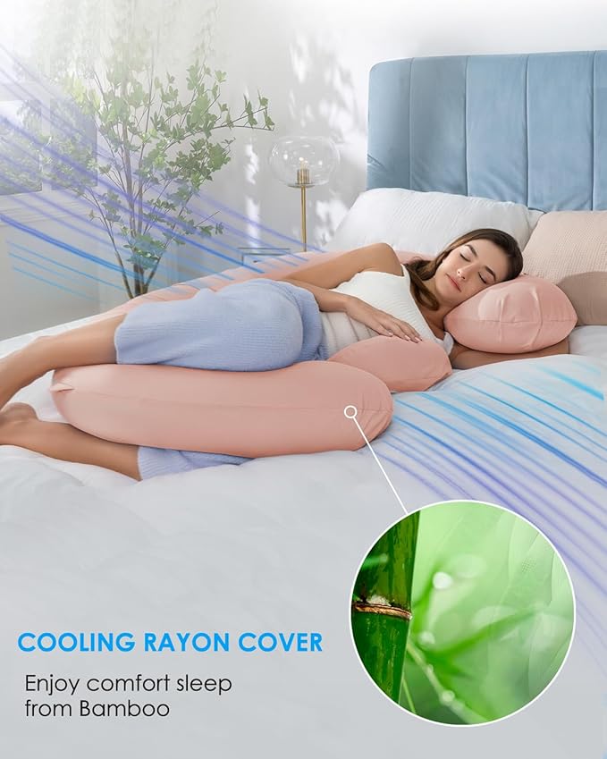QUEEN ROSE Cooling E Shaped Pregnancy Pillows, Detachable Body Pillow for Sleeping, with Pregnancy Wedge Pillow for Belly Support, Cooling Rayon Cover,Pink