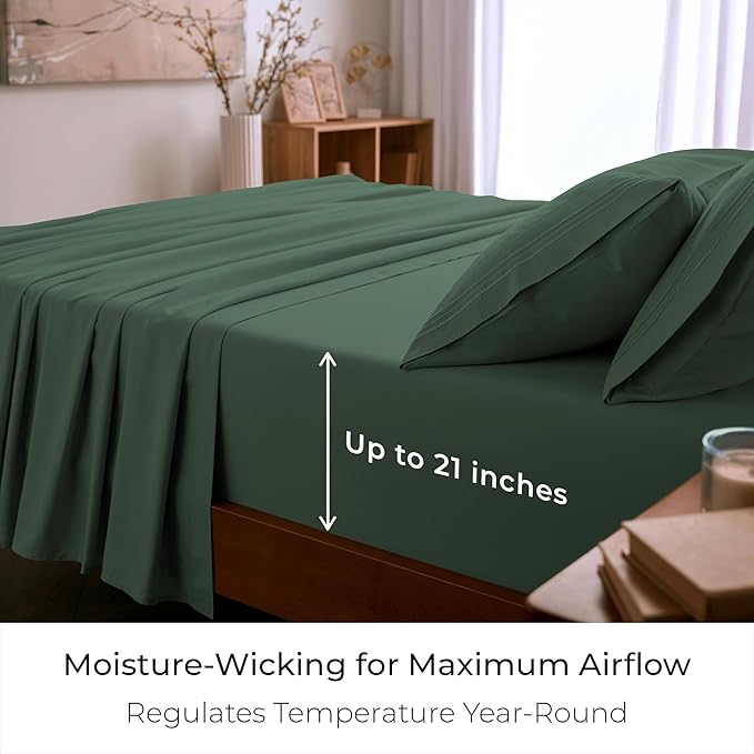 Mellanni King Sheet Set - 6-Piece Iconic Collection Bedding, (Including 4 Pillowcases), 21-Inch Extra Deep Pocket, Easy Care, Ultra Soft, Cooling Sheets, Brushed Microfiber - Emerald Green