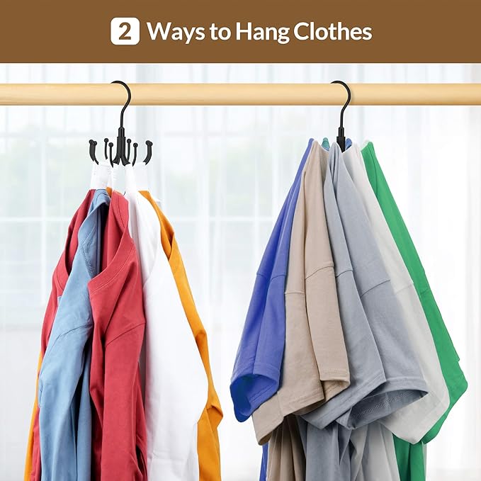 ZEDODIER 2 Pack Space Saving Hangers for Clothes,Rotatable Sturdy Shirt Hangers with 16 Hooks, Non Slip Multiple Shirt Organizer for T-Shirts Sweatshirts Hoodies, Black