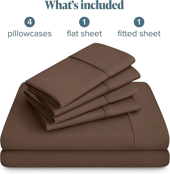 Bare Home Hotel Luxury Full XL Sheet Set, Extra Soft - 6 Piece Set - Deep Pockets - Easy Fit - Cooling & Breathable - Wrinkle, Fade, Stain Resistant - Includes 4 Pillowcases (Full XL, Cocoa)