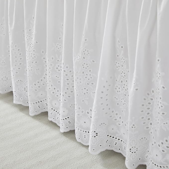 Brandream White Eyelet Bed Skirt King Size 100% Cotton Ruffled Dust Ruffle Bed Skirt 18 Inch Drop with Embroidered Floral Design Queen Size Beds