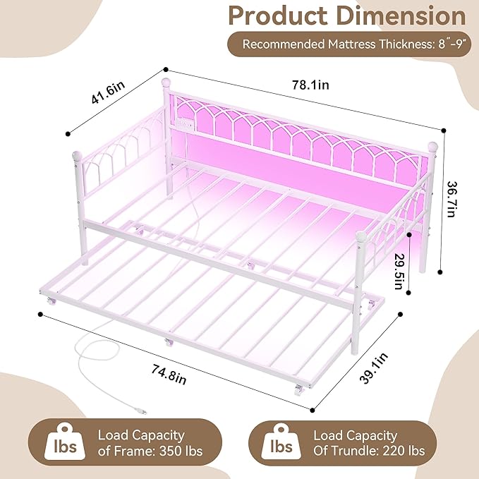 GarveeHome Daybed with Trundle, Metal Twin Trundle Bed with Charging Station & LED Lights, Sofa Beds Frame with Pull Out Bed for Living Room, Guest Room, Apartment, Small Spaces, White