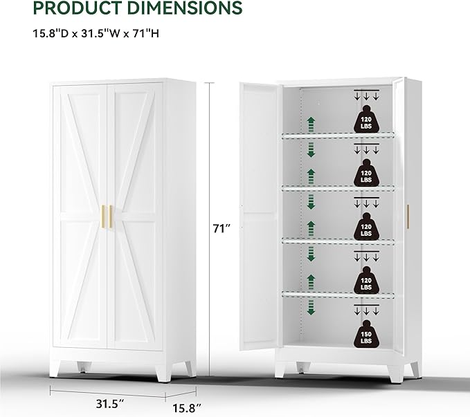 Farmhouse Pantry Cabinet,71" H x 31.5" W,Metal Cabinet with Adjustable Shelves and Barn Doors,5-Tier Storage Cabinet for Kitchen Dining Room Garage,White