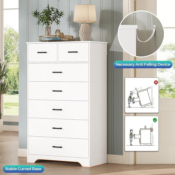 DICTAC White Dresser for Bedroom with 7 Drawers, 55.7" Tall Dressers Chest of Drawers, Modern Large Wood Storage Dresser Organizer with Metal Handle, Vertical Dressers for Bedroom Living Room Nursery