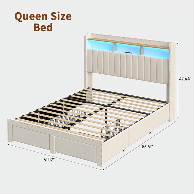 Queen Size Bed Frame with LED Light and Charging Station, Upholstered Bed Frame with 4 Drawers and 2-Tier Storage Headboard, Noise Free, Easy Assembly, Wooden Slats Support, No Box Spring Needed,White