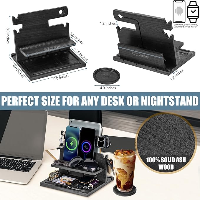 Black Wood Phone Docking Station for up to 3 Phones - Nightstand Organizer for Men & Women, Compatible with Apple Watch, Holds Phones, Tablets, Keys, Rings, Glasses, Watches, EDC & More