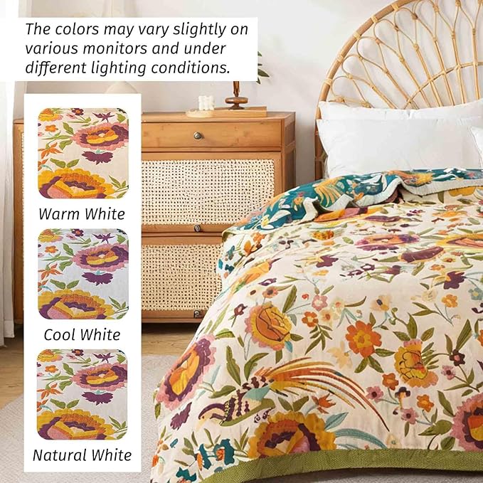 Qidordour Boho Throw Blanket, 80"x90" Muslin Blankets, 100% Organic Cotton Blanket for Couch Sofa, Lightweight Quilt, All Season Bed Throw, Farmhouse Home Decor, C-Phoenix Floral