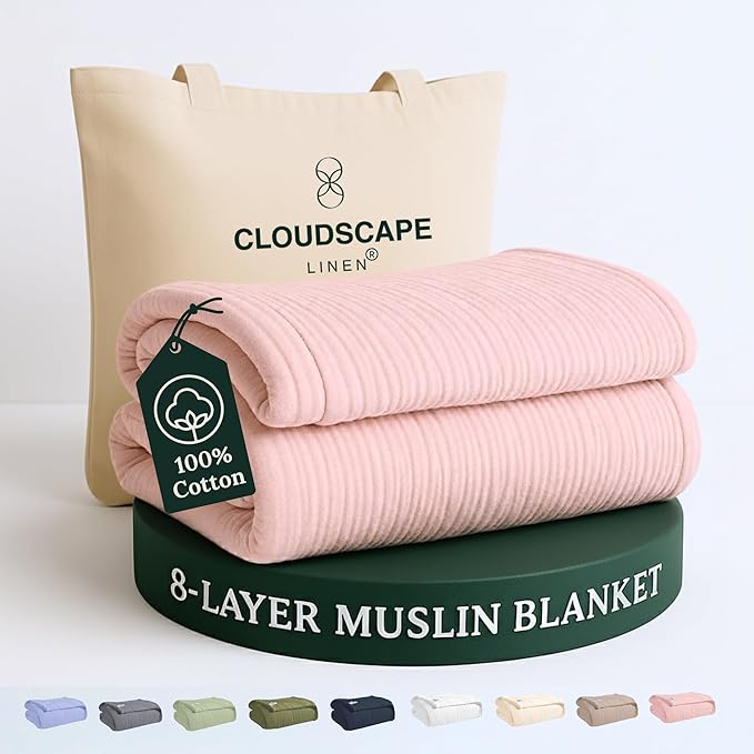 Cloud Scape Linen 8-Layer Muslin Blanket Queen Size - 100% Cotton, Soft and Breathable, Oversized Winter Blanket, Fits up to Full Size Bed, 92x92, Seashell Pink