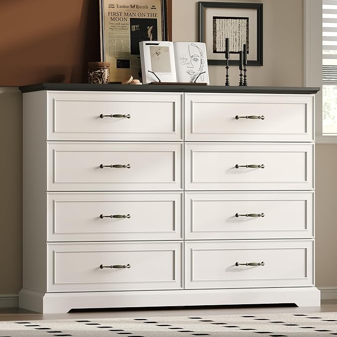 Farmhouse 8 Drawers Dresser for Bedroom, 54" Wide Modern Chest of Drawers with Deep Drawers & Bar Handles, Rustic Wood Dresser TV Stand, Wooden Closet Storage Organizer for Living Room, Hallway, White