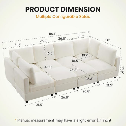 116'' Modular Sectional Cloud Sofa Bed, 8-Seater Convertible Sofa Couch with Ottoman, Modern Deep Seat Sleeper Sofa for Living Room, Chenille Beige