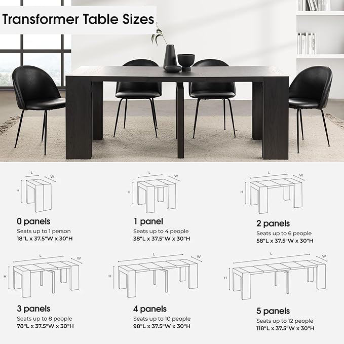 Transformer Table - Solid Wood Extendable Dining Table, Seats 2-12, Extendable Dining Room Table, Space-Saving Furniture, Expandable Dining Furniture (Black, Table + Bench + Coffee Table)