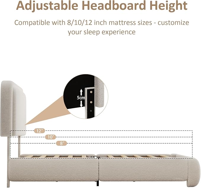 Full Size Boucle Bed Frame, Upholstered Cloud Platform Bed Frame with Headboard, Anti-Collision Soft Rounded Corners, No Box Spring Required, Easy Assembly, Noise Free, Adjustable Headboard