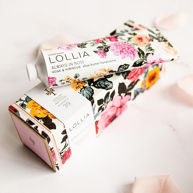 LOLLIA Always in Rose Handcreme, 4 oz., Rose & Hibiscus Scented Hand Cream for Women, Moisturizing Luxury Skin Care for Dry Hands with Shea Butter & Cocoa Butter, Quick Absorbing Lotion