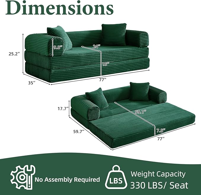 Convertible Futon Sofa Bed, Fold Out Floor Sofa Couch with Sleeper Sofa,Folding Boneless Couches with Deep Seat,Cloud Corduroy Foldable Mattress Couch for Living Room (Green)