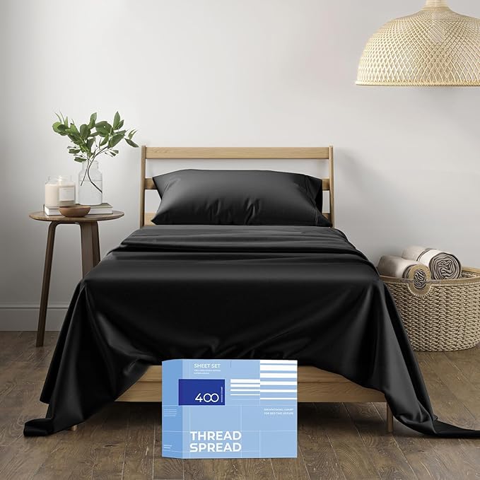 THREAD SPREAD 100% Cotton Sheets Twin Size - 400 Thread Count Cotton Bed Sheets Twin, 3 PC Set (Black), Luxury Soft, Breathable, Cooling, Sateen Weave 16" Deep Pocket Bedsheet for Dorm Rooms