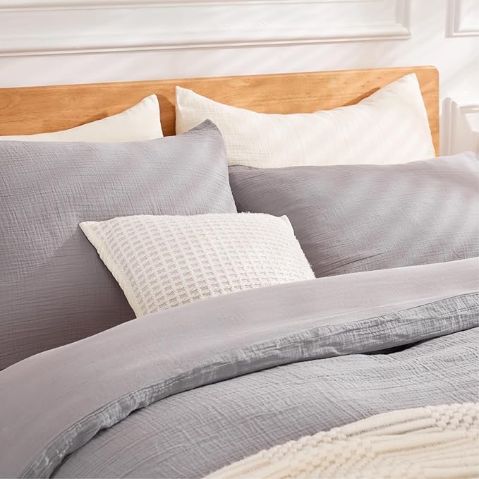 Gray Duvet Cover Queen Size, 100% Sandwashed Cotton Soft Queen Duvet Cover Set 3 Pieces with Zipper Clousre & Corner Buttons (Gray, Queen 90 x 90)